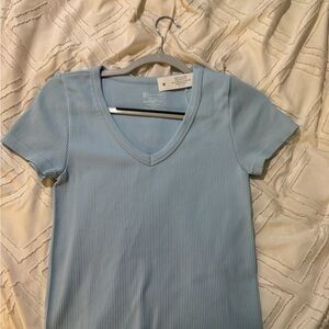 No Boundaries Sky Blue Ribbed V-Neck Tee